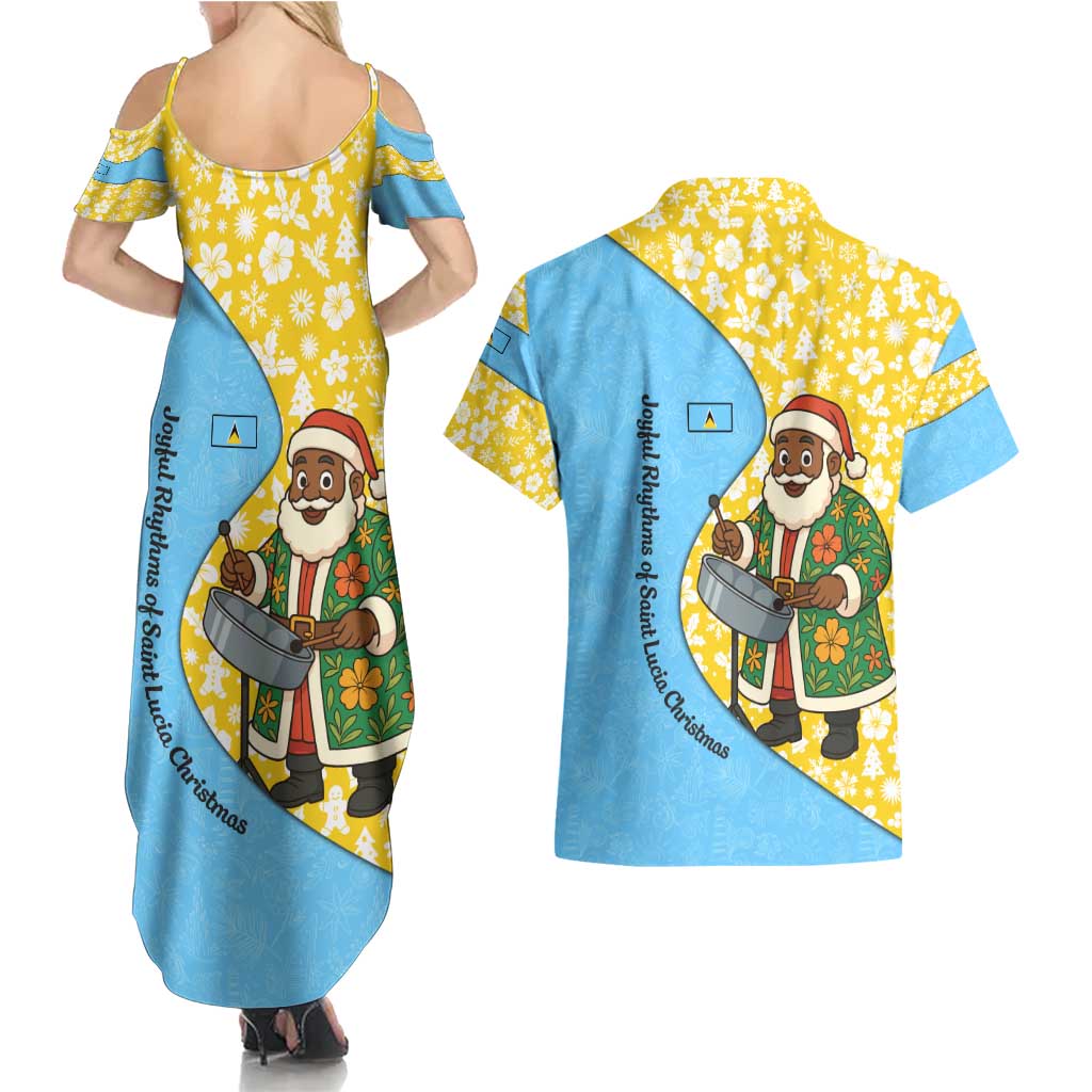 Saint Lucia Christmas Couples Matching Summer Maxi Dress and Hawaiian Shirt with Steelpan Santa Floral Pattern and Flag - Wonder Print Shop