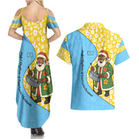 Saint Lucia Christmas Couples Matching Summer Maxi Dress and Hawaiian Shirt with Steelpan Santa Floral Pattern and Flag - Wonder Print Shop