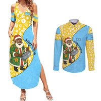 Saint Lucia Christmas Couples Matching Summer Maxi Dress and Long Sleeve Button Shirt with Steelpan Santa Floral Pattern and Flag - Wonder Print Shop