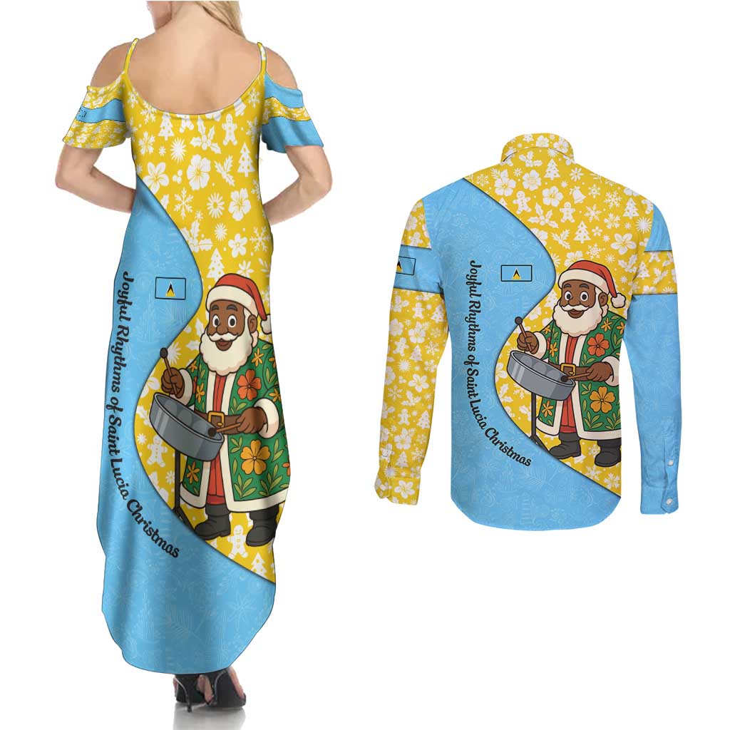 Saint Lucia Christmas Couples Matching Summer Maxi Dress and Long Sleeve Button Shirt with Steelpan Santa Floral Pattern and Flag - Wonder Print Shop