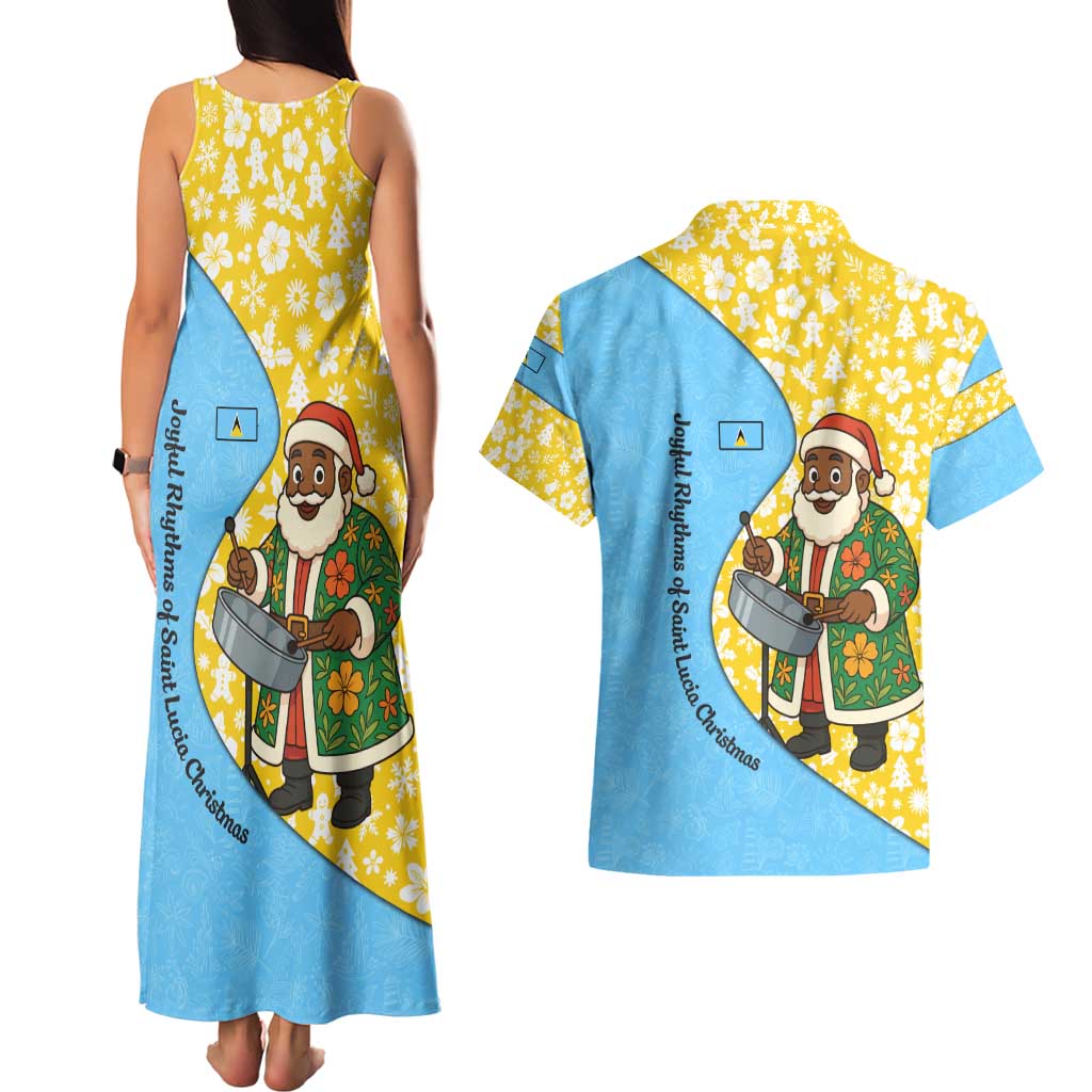 Saint Lucia Christmas Couples Matching Tank Maxi Dress and Hawaiian Shirt with Steelpan Santa Floral Pattern and Flag - Wonder Print Shop