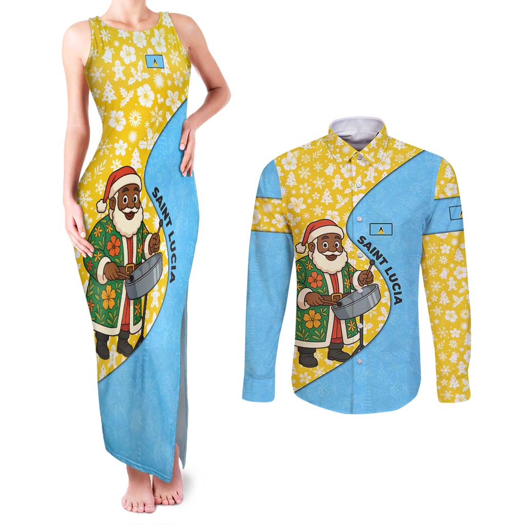 Saint Lucia Christmas Couples Matching Tank Maxi Dress and Long Sleeve Button Shirt with Steelpan Santa Floral Pattern and Flag - Wonder Print Shop