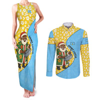 Saint Lucia Christmas Couples Matching Tank Maxi Dress and Long Sleeve Button Shirt with Steelpan Santa Floral Pattern and Flag - Wonder Print Shop