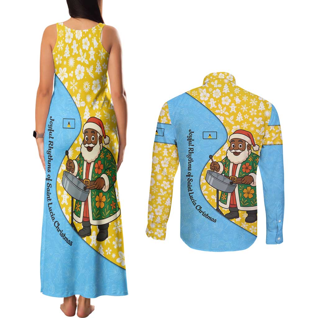 Saint Lucia Christmas Couples Matching Tank Maxi Dress and Long Sleeve Button Shirt with Steelpan Santa Floral Pattern and Flag - Wonder Print Shop