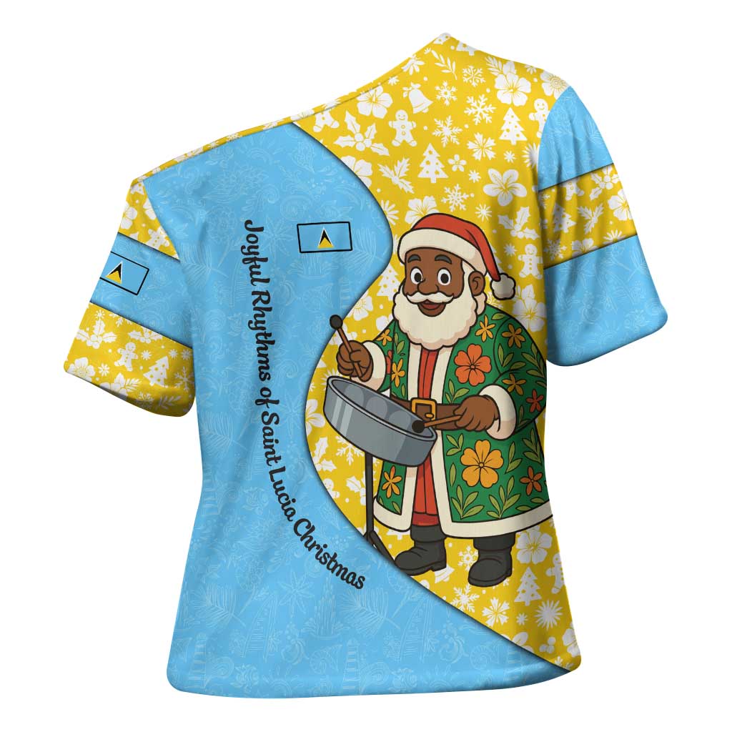 Saint Lucia Christmas Cross Shoulder Shirt with Steelpan Santa Floral Pattern and Flag - Wonder Print Shop