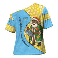 Saint Lucia Christmas Cross Shoulder Shirt with Steelpan Santa Floral Pattern and Flag - Wonder Print Shop