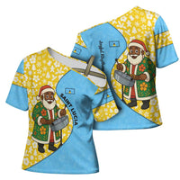 Saint Lucia Christmas Cross Shoulder Shirt with Steelpan Santa Floral Pattern and Flag - Wonder Print Shop