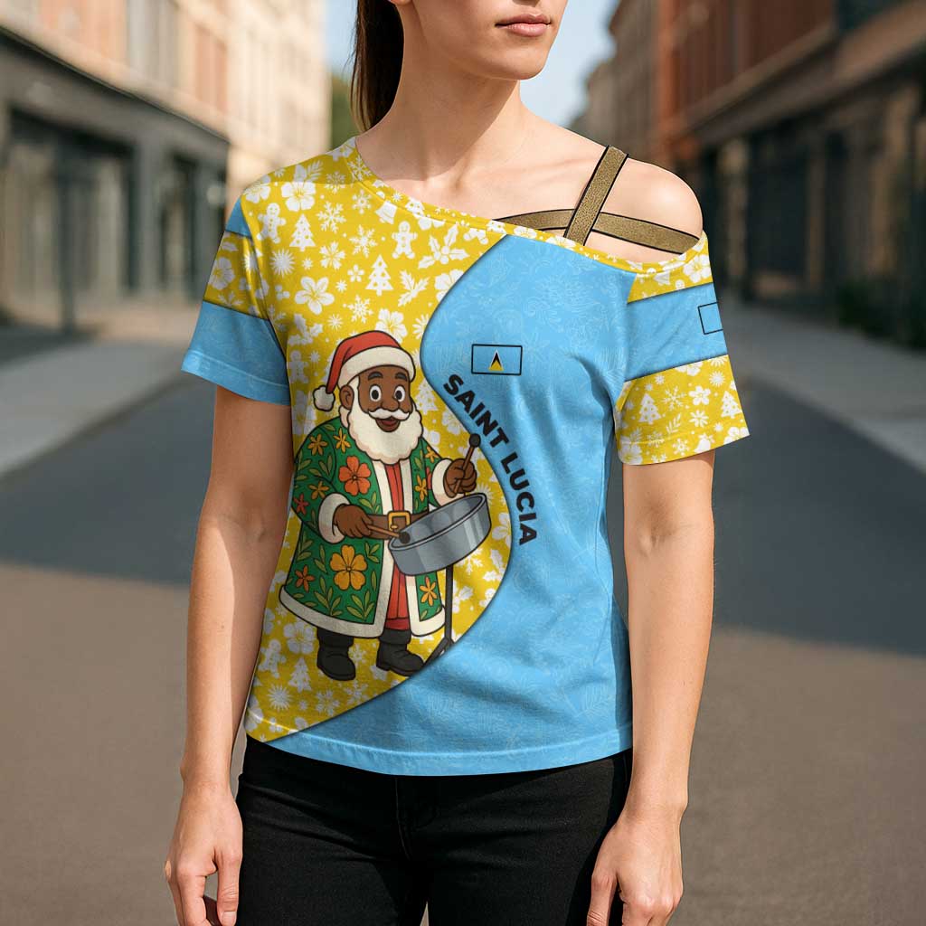 Saint Lucia Christmas Cross Shoulder Shirt with Steelpan Santa Floral Pattern and Flag - Wonder Print Shop