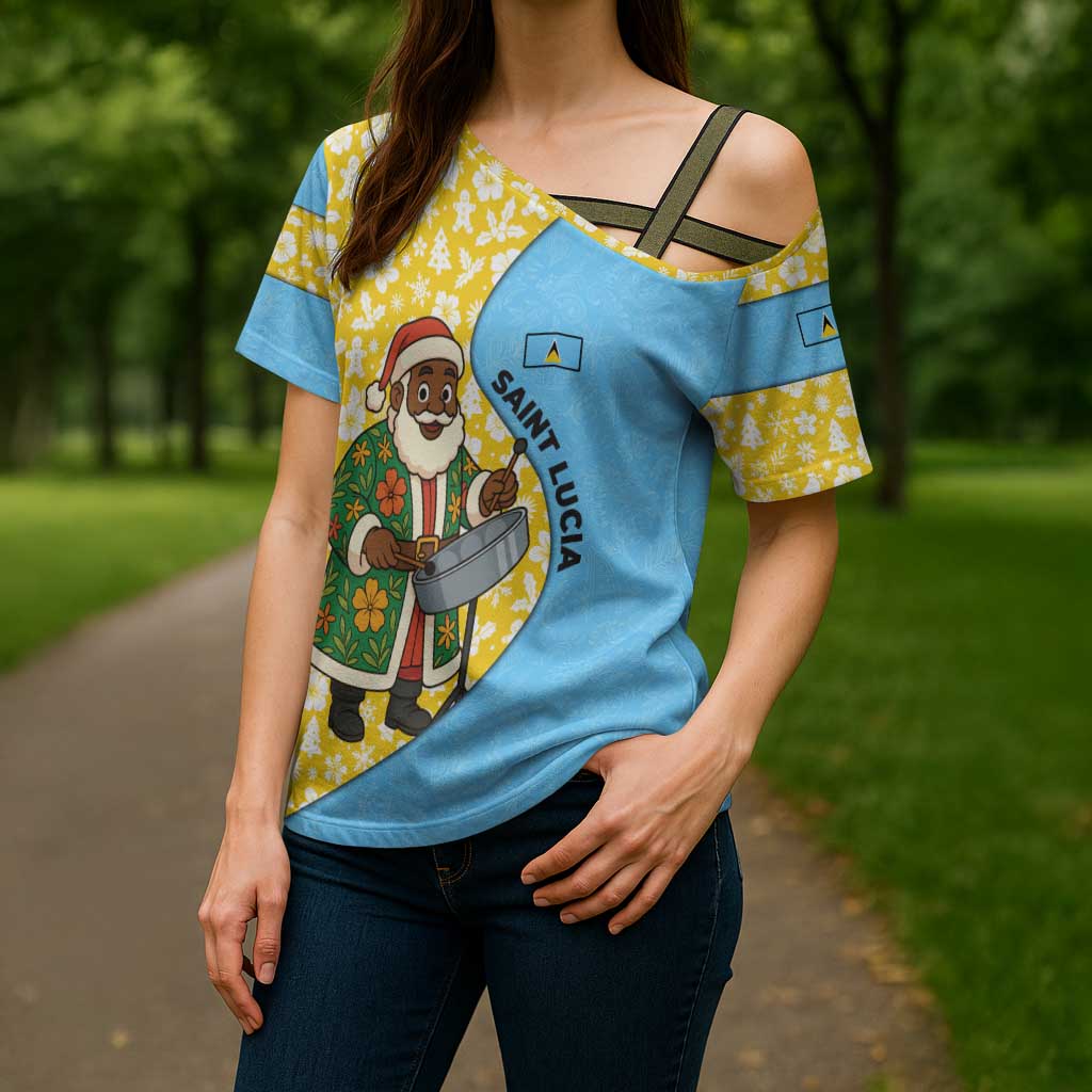 Saint Lucia Christmas Cross Shoulder Shirt with Steelpan Santa Floral Pattern and Flag - Wonder Print Shop
