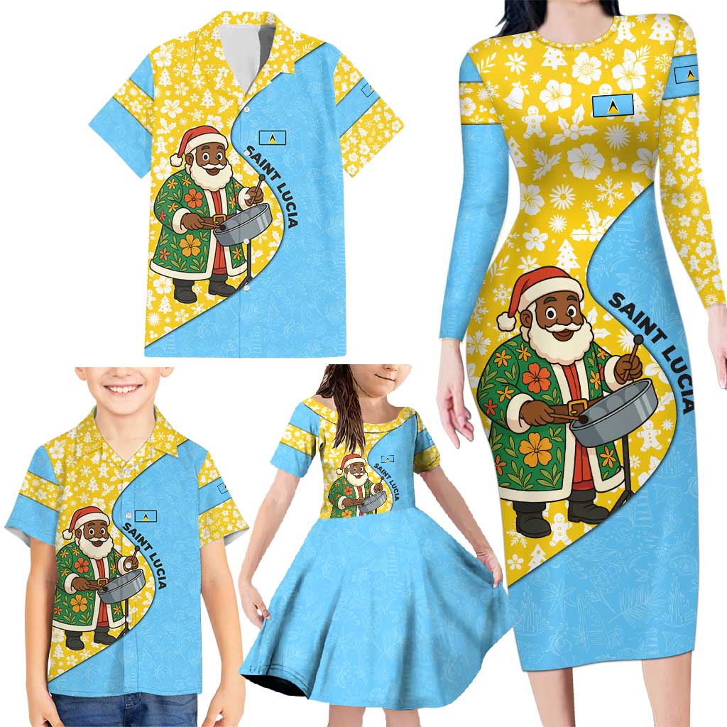 Saint Lucia Christmas Family Matching Long Sleeve Bodycon Dress and Hawaiian Shirt with Steelpan Santa Floral Pattern and Flag - Wonder Print Shop