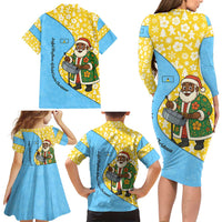Saint Lucia Christmas Family Matching Long Sleeve Bodycon Dress and Hawaiian Shirt with Steelpan Santa Floral Pattern and Flag - Wonder Print Shop