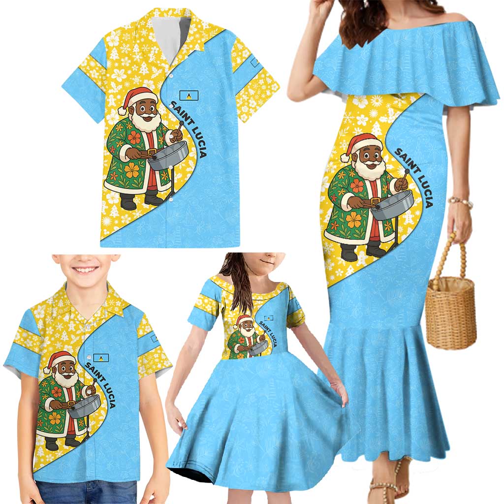 Saint Lucia Christmas Family Matching Mermaid Dress and Hawaiian Shirt with Steelpan Santa Floral Pattern and Flag - Wonder Print Shop
