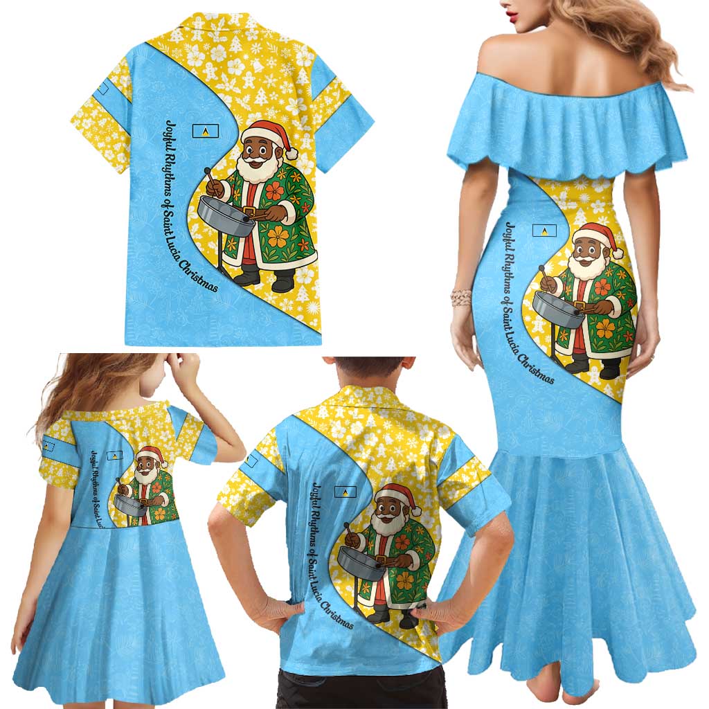 Saint Lucia Christmas Family Matching Mermaid Dress and Hawaiian Shirt with Steelpan Santa Floral Pattern and Flag - Wonder Print Shop