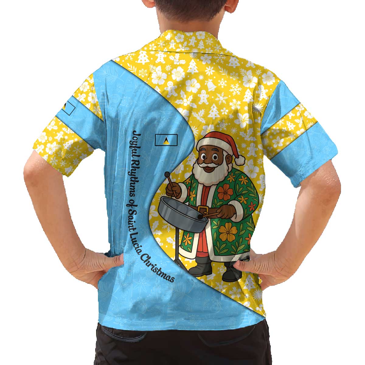 Saint Lucia Christmas Family Matching Off The Shoulder Long Sleeve Dress and Hawaiian Shirt with Steelpan Santa Floral Pattern and Flag - Wonder Print Shop