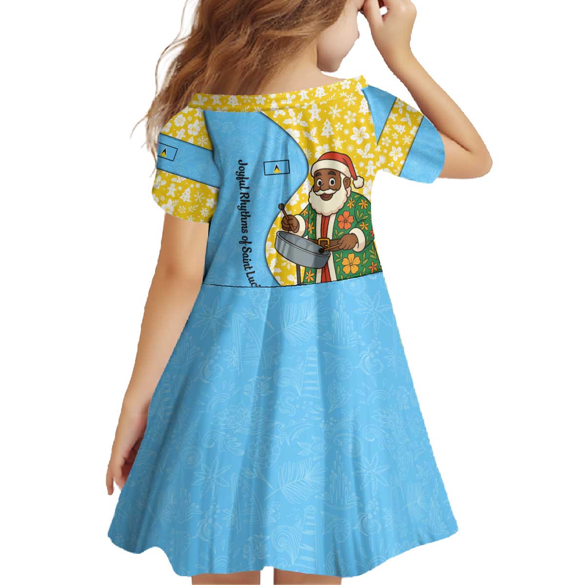 Saint Lucia Christmas Family Matching Off The Shoulder Long Sleeve Dress and Hawaiian Shirt with Steelpan Santa Floral Pattern and Flag - Wonder Print Shop
