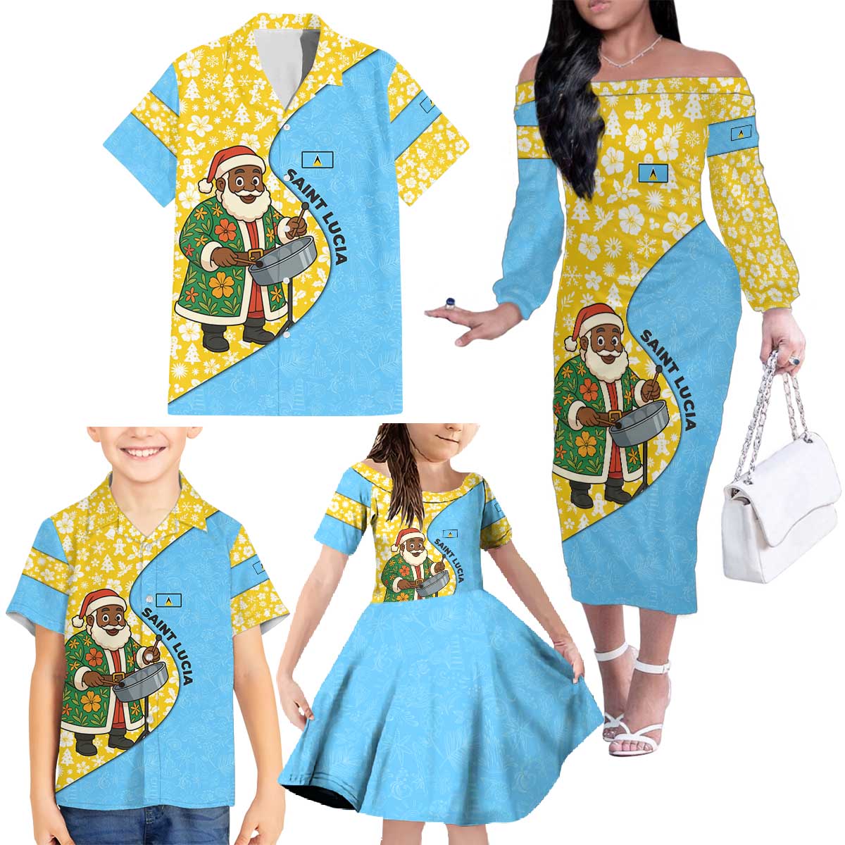Saint Lucia Christmas Family Matching Off The Shoulder Long Sleeve Dress and Hawaiian Shirt with Steelpan Santa Floral Pattern and Flag - Wonder Print Shop