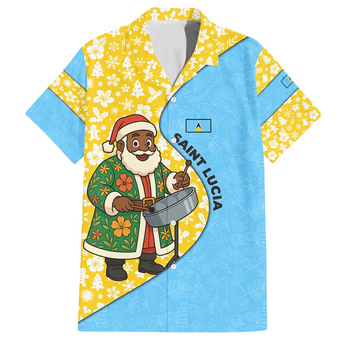 Saint Lucia Christmas Family Matching Off The Shoulder Long Sleeve Dress and Hawaiian Shirt with Steelpan Santa Floral Pattern and Flag - Wonder Print Shop