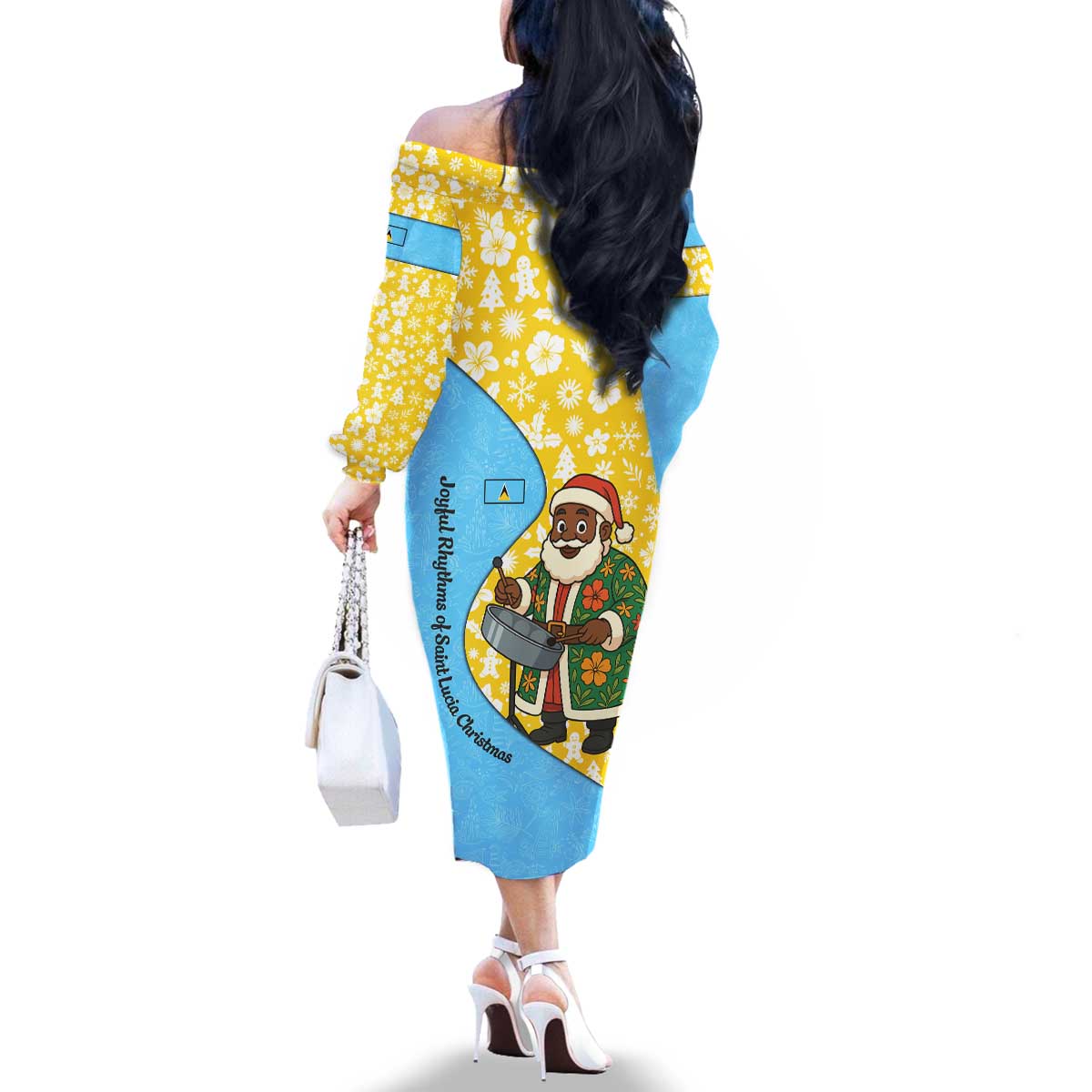 Saint Lucia Christmas Family Matching Off The Shoulder Long Sleeve Dress and Hawaiian Shirt with Steelpan Santa Floral Pattern and Flag - Wonder Print Shop