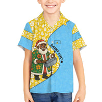 Saint Lucia Christmas Family Matching Off The Shoulder Long Sleeve Dress and Hawaiian Shirt with Steelpan Santa Floral Pattern and Flag - Wonder Print Shop