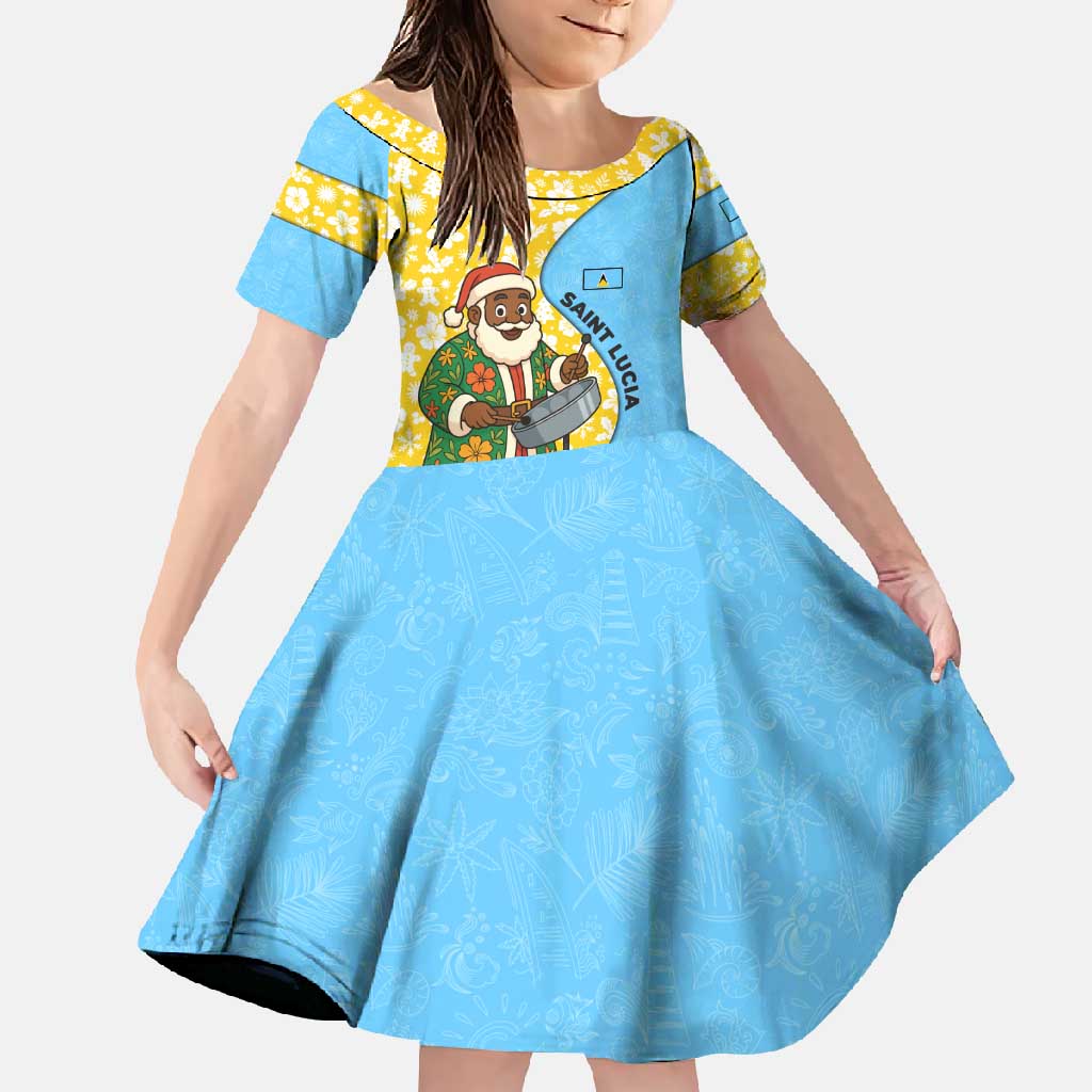 Saint Lucia Christmas Family Matching Off Shoulder Maxi Dress and Hawaiian Shirt with Steelpan Santa Floral Pattern and Flag - Wonder Print Shop