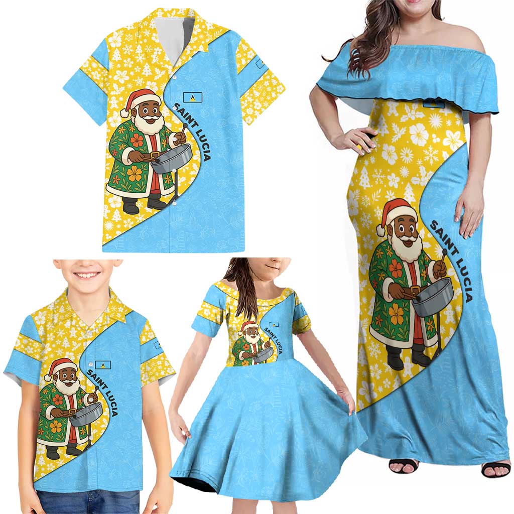 Saint Lucia Christmas Family Matching Off Shoulder Maxi Dress and Hawaiian Shirt with Steelpan Santa Floral Pattern and Flag - Wonder Print Shop