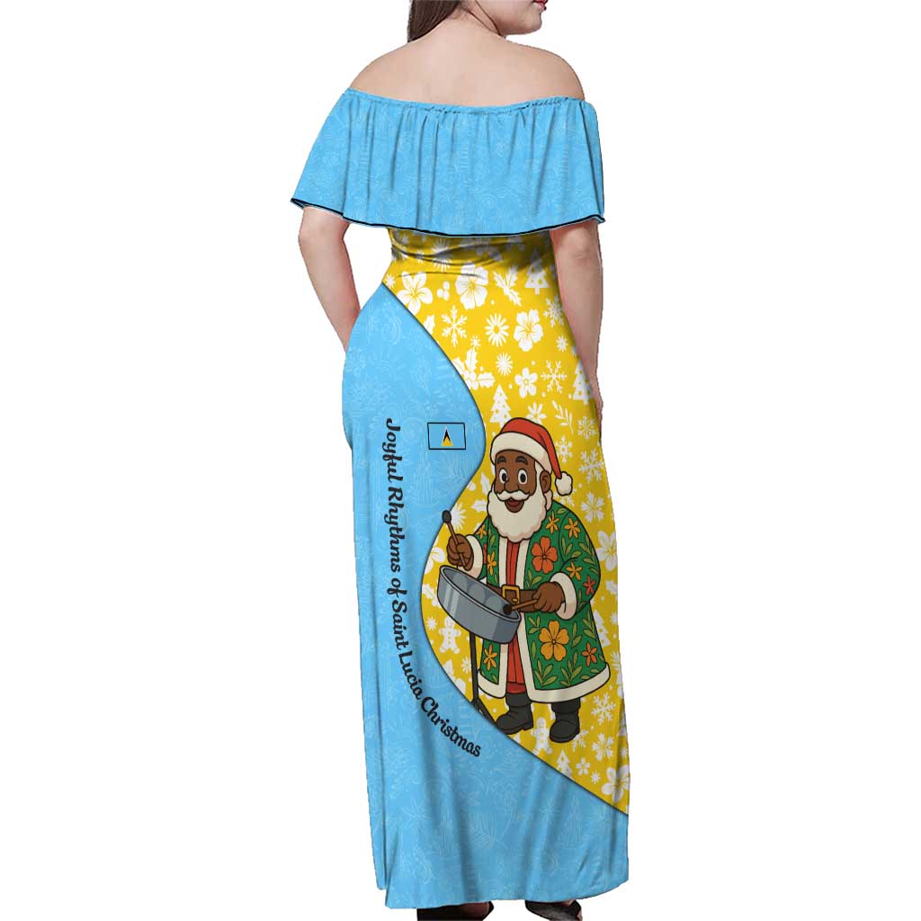 Saint Lucia Christmas Family Matching Off Shoulder Maxi Dress and Hawaiian Shirt with Steelpan Santa Floral Pattern and Flag - Wonder Print Shop