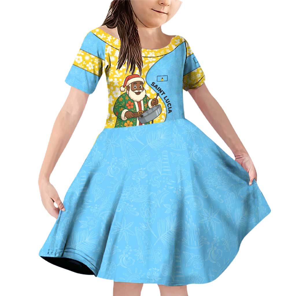Saint Lucia Christmas Family Matching Off Shoulder Short Dress and Hawaiian Shirt with Steelpan Santa Floral Pattern and Flag - Wonder Print Shop