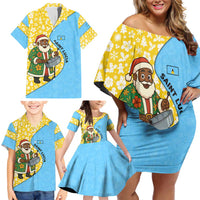 Saint Lucia Christmas Family Matching Off Shoulder Short Dress and Hawaiian Shirt with Steelpan Santa Floral Pattern and Flag - Wonder Print Shop