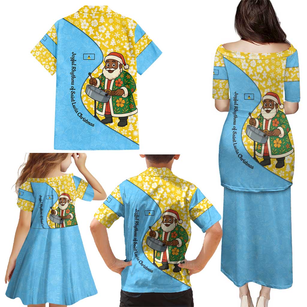 Saint Lucia Christmas Family Matching Puletasi and Hawaiian Shirt with Steelpan Santa Floral Pattern and Flag - Wonder Print Shop