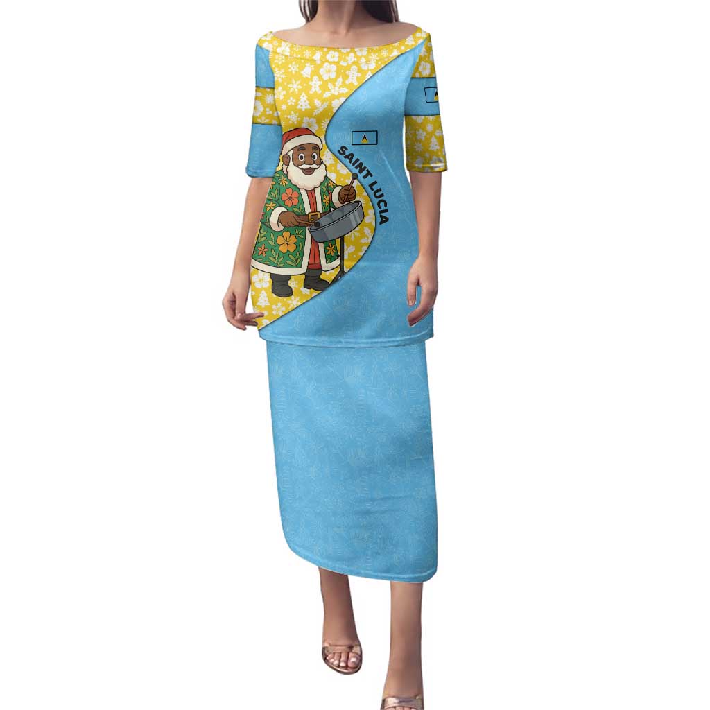 Saint Lucia Christmas Family Matching Puletasi and Hawaiian Shirt with Steelpan Santa Floral Pattern and Flag - Wonder Print Shop