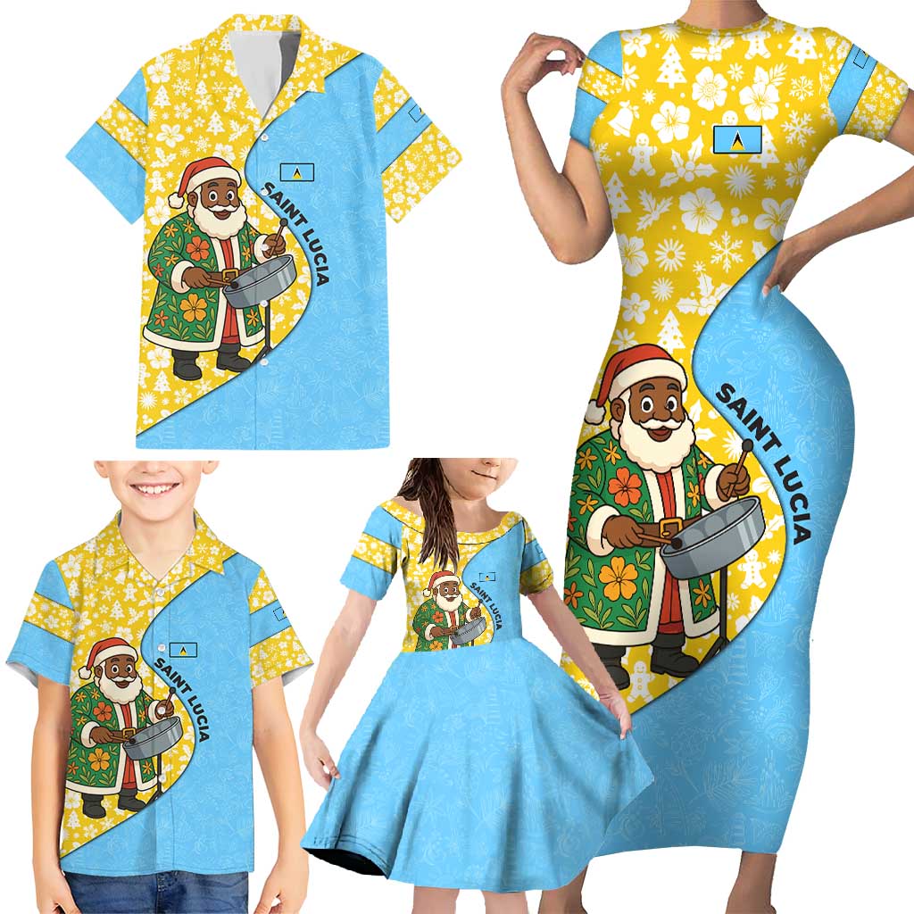 Saint Lucia Christmas Family Matching Short Sleeve Bodycon Dress and Hawaiian Shirt with Steelpan Santa Floral Pattern and Flag - Wonder Print Shop