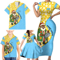 Saint Lucia Christmas Family Matching Short Sleeve Bodycon Dress and Hawaiian Shirt with Steelpan Santa Floral Pattern and Flag - Wonder Print Shop