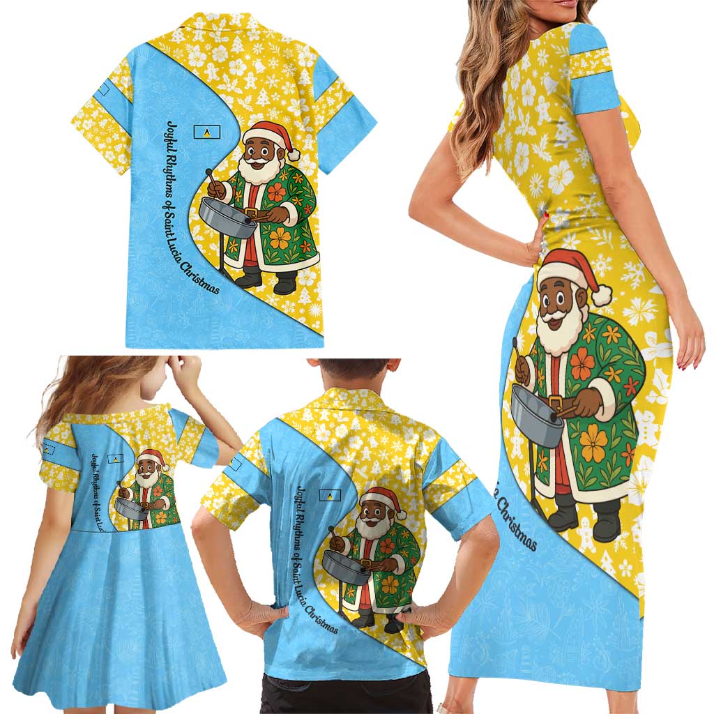 Saint Lucia Christmas Family Matching Short Sleeve Bodycon Dress and Hawaiian Shirt with Steelpan Santa Floral Pattern and Flag - Wonder Print Shop