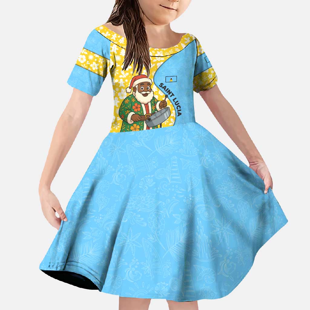 Saint Lucia Christmas Family Matching Summer Maxi Dress and Hawaiian Shirt with Steelpan Santa Floral Pattern and Flag - Wonder Print Shop