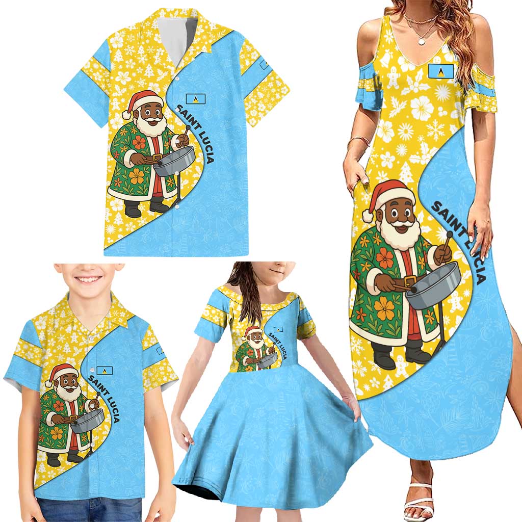 Saint Lucia Christmas Family Matching Summer Maxi Dress and Hawaiian Shirt with Steelpan Santa Floral Pattern and Flag - Wonder Print Shop