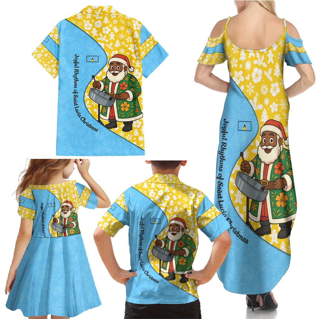 Saint Lucia Christmas Family Matching Summer Maxi Dress and Hawaiian Shirt with Steelpan Santa Floral Pattern and Flag - Wonder Print Shop