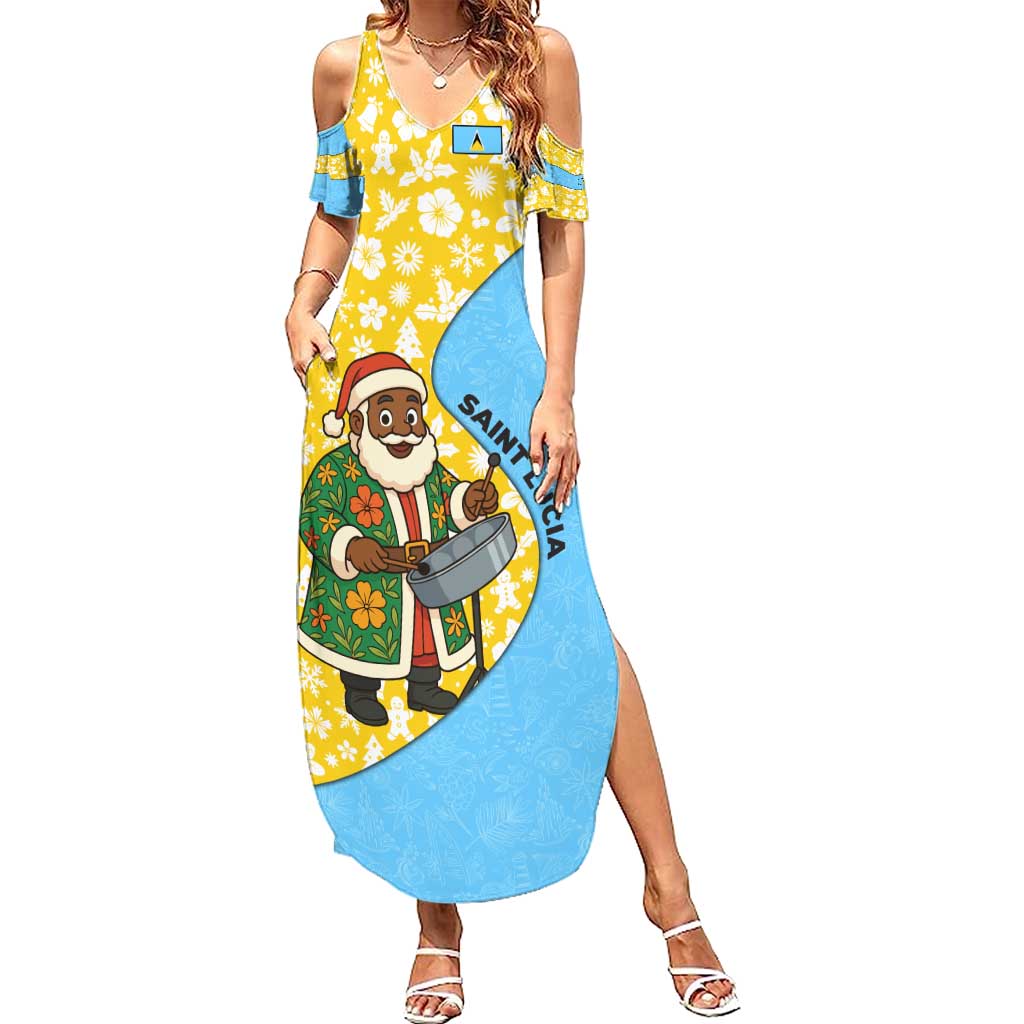 Saint Lucia Christmas Family Matching Summer Maxi Dress and Hawaiian Shirt with Steelpan Santa Floral Pattern and Flag - Wonder Print Shop