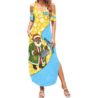Saint Lucia Christmas Family Matching Summer Maxi Dress and Hawaiian Shirt with Steelpan Santa Floral Pattern and Flag - Wonder Print Shop