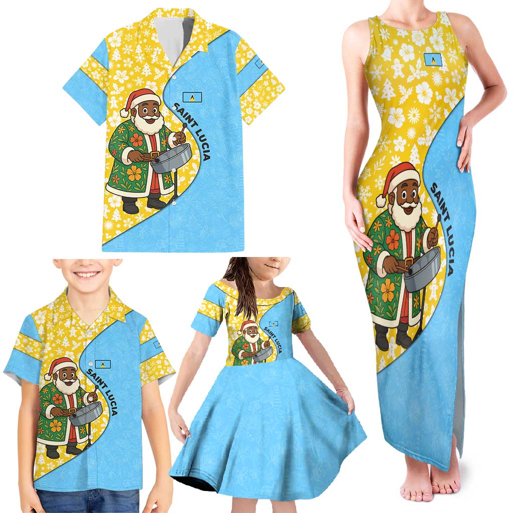 Saint Lucia Christmas Family Matching Tank Maxi Dress and Hawaiian Shirt with Steelpan Santa Floral Pattern and Flag - Wonder Print Shop