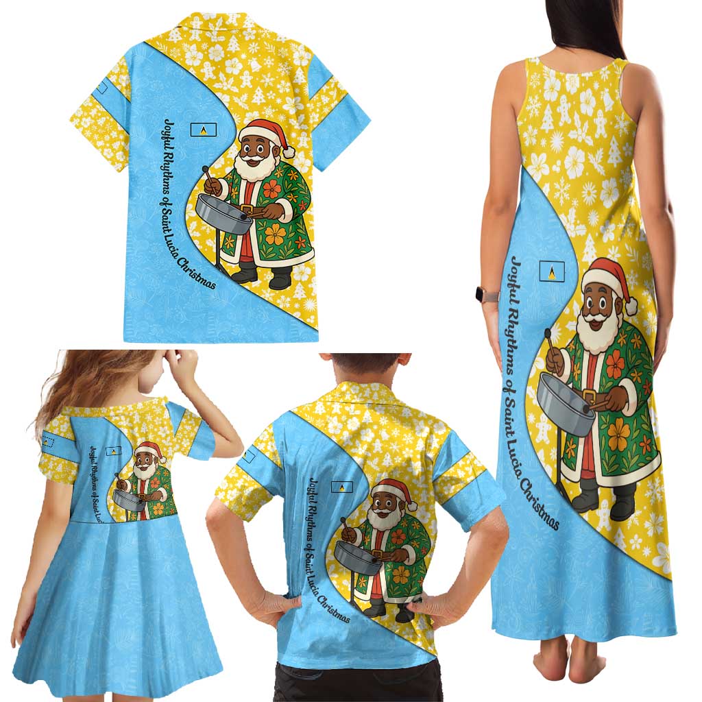 Saint Lucia Christmas Family Matching Tank Maxi Dress and Hawaiian Shirt with Steelpan Santa Floral Pattern and Flag - Wonder Print Shop