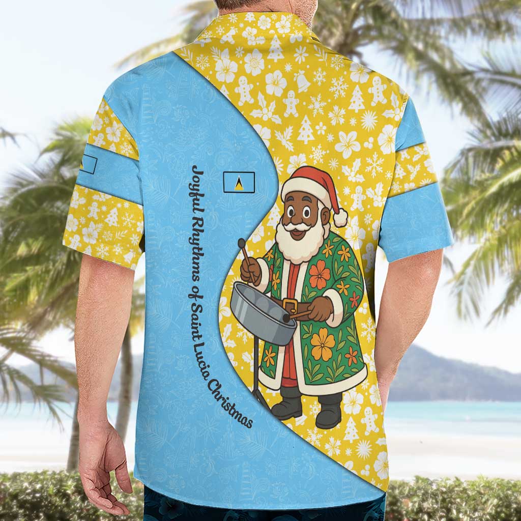 Saint Lucia Christmas Hawaiian Shirt with Steelpan Santa Floral Pattern and Flag - Wonder Print Shop