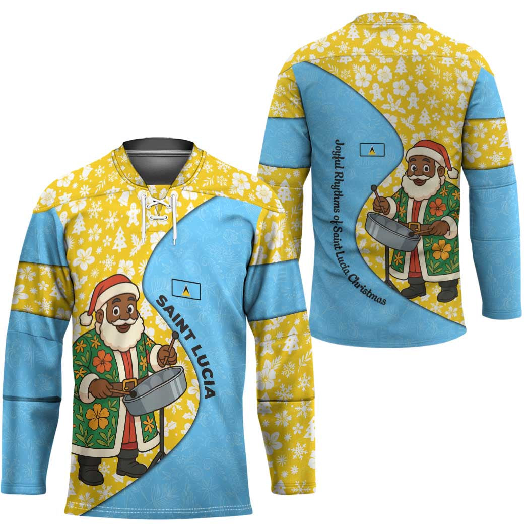 Saint Lucia Christmas Hockey Jersey with Steelpan Santa Floral Pattern and Flag - Wonder Print Shop