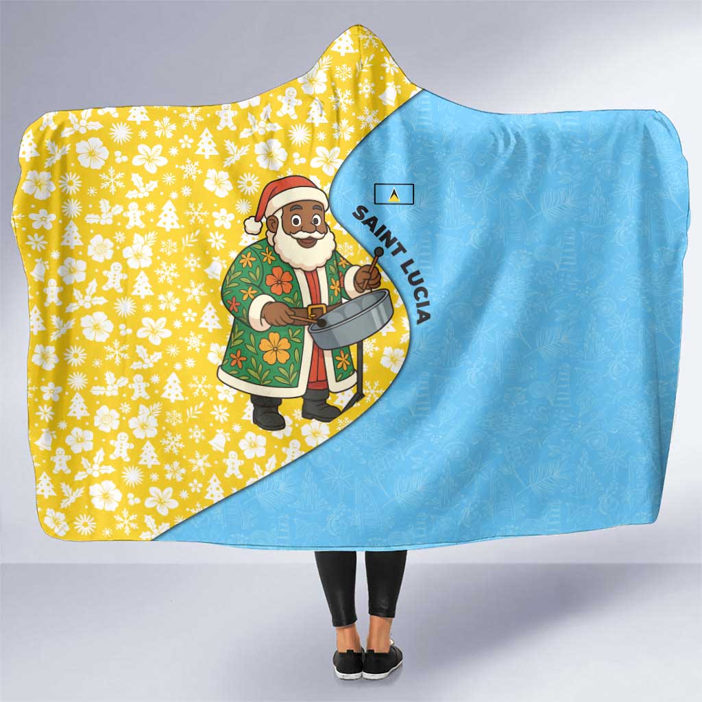 Saint Lucia Christmas Hooded Blanket with Steelpan Santa Floral Pattern and Flag - Wonder Print Shop