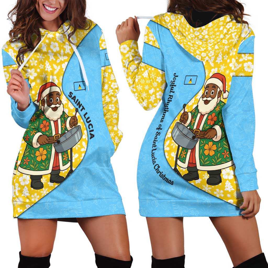 Saint Lucia Christmas Hoodie Dress with Steelpan Santa Floral Pattern and Flag - Wonder Print Shop