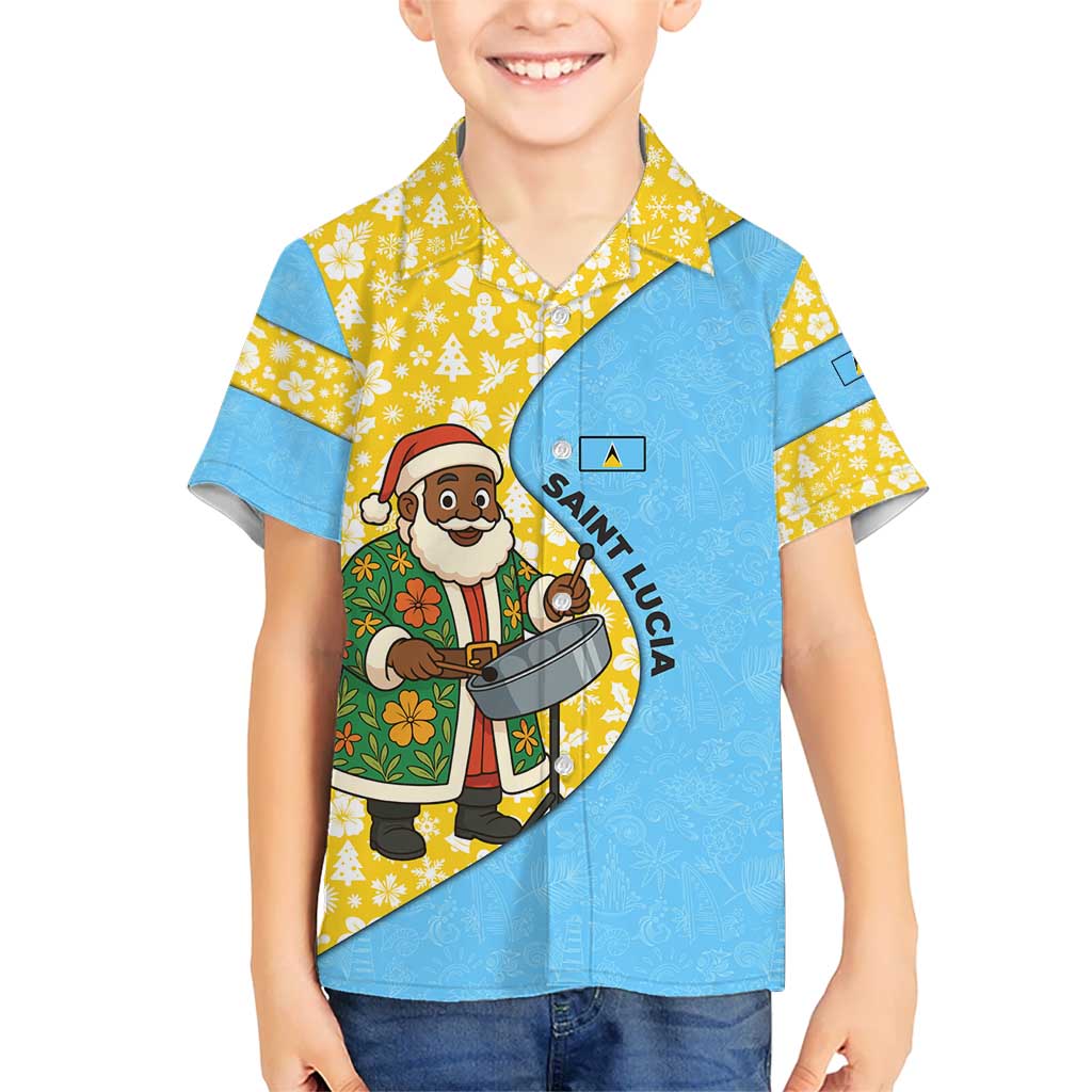 Saint Lucia Christmas Kid Hawaiian Shirt with Steelpan Santa Floral Pattern and Flag - Wonder Print Shop