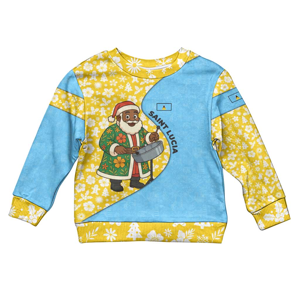 Saint Lucia Christmas Kid Ugly Christmas Sweater with Steelpan Santa Floral Pattern and Flag - Wonder Print Shop