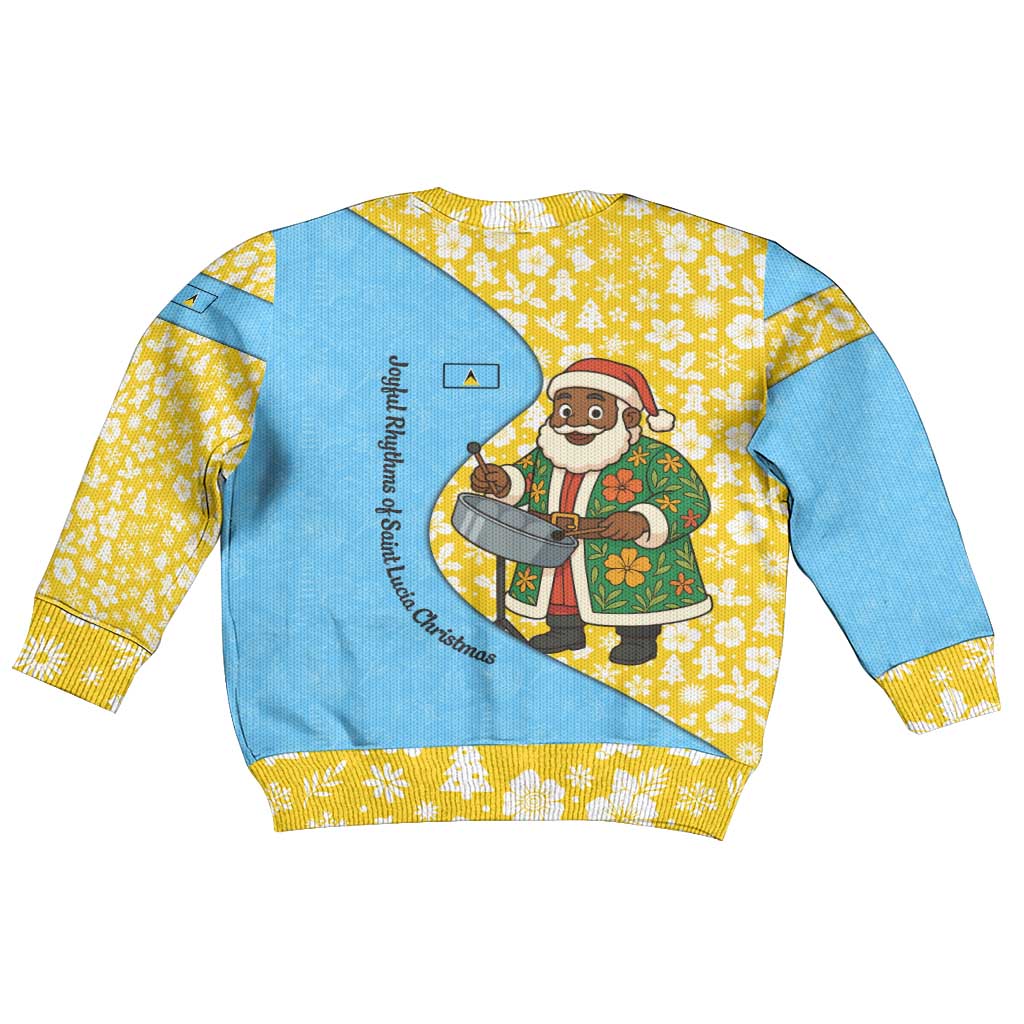 Saint Lucia Christmas Kid Ugly Christmas Sweater with Steelpan Santa Floral Pattern and Flag - Wonder Print Shop