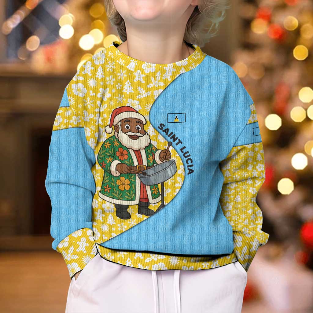 Saint Lucia Christmas Kid Ugly Christmas Sweater with Steelpan Santa Floral Pattern and Flag - Wonder Print Shop