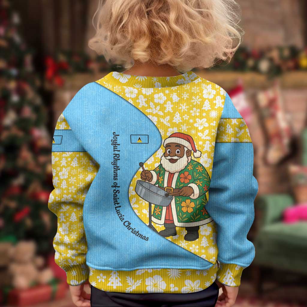 Saint Lucia Christmas Kid Ugly Christmas Sweater with Steelpan Santa Floral Pattern and Flag - Wonder Print Shop