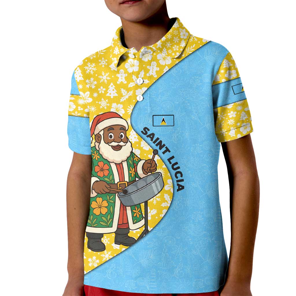 Saint Lucia Christmas Kid Polo Shirt with Steelpan Santa Floral Pattern and Flag - Wonder Print Shop